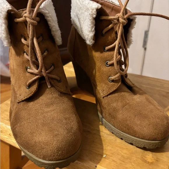 Rampage Brown Lace Up Booties with White Cuff - Picture 5 of 7